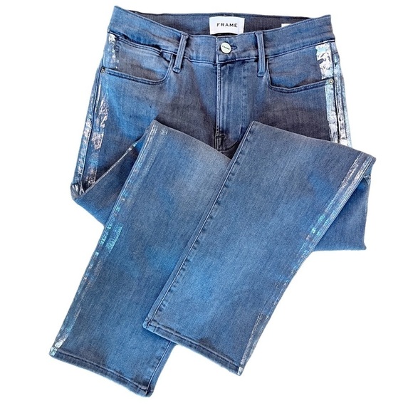 Frame Le High Straight Leg Foil Tuxedo Stripe Jeans Size 26 in Gray Field Foil - Picture 5 of 14